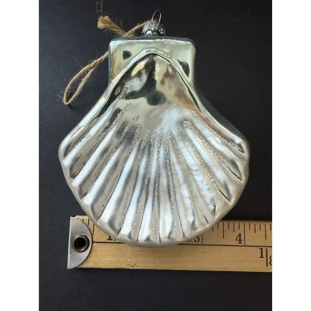 Blown Glass Beaded Scallop Seashell Christmas Ornament Handcrafted Coastal Beach